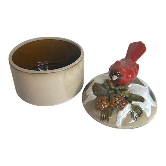 Vintage Winter Cardinal Scene Lidded Ceramic Porcelain Canister Trinket Box - Picture 2 of 10